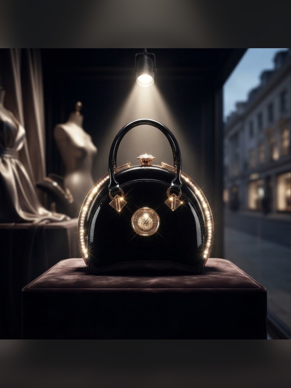 New Elegant Black Patent Leather Evening Handbag, Theater Bag with Gold & Crysta